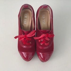 Le Yei Red Velvet Closed Toe Heels